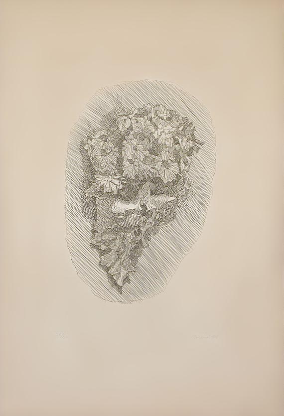 Giorgio Morandi - Fiori in un cornetto su fondo ovoidale