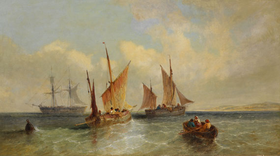Albert Rieger - Segelschiffe und Ruderboot vor Küstenlandschaft