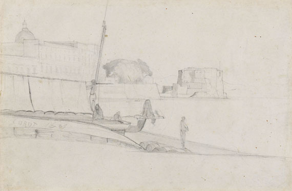 Jean-Baptiste Camille Corot - Zugeschrieben - Südländischer Hafen mit Fischern und Booten (La Rochelle?)