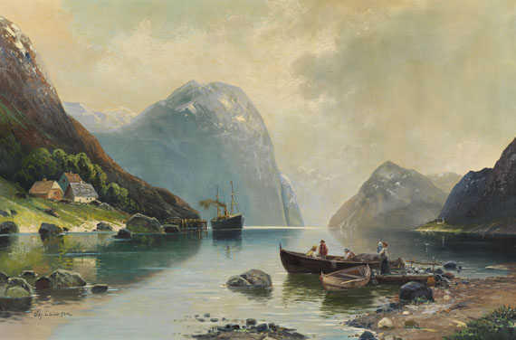 Karl Kaufmann - Norwegische Fjordlandschaft mit Postdampfer und Fischern