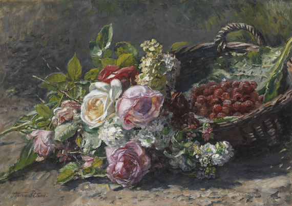 Anna Peters - Blumenstillleben mit Rosen und einem Weidenkorb mit Himbeeren