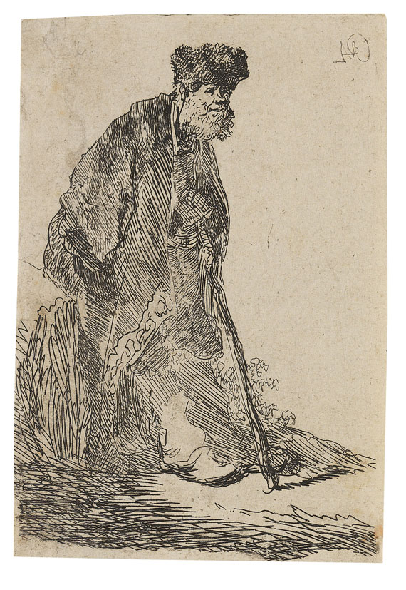 Harmensz. Rembrandt van Rijn - Bärtiger Mann im Mantel und mit Pelzmütze gegen einen Erdhügel gelehnt
