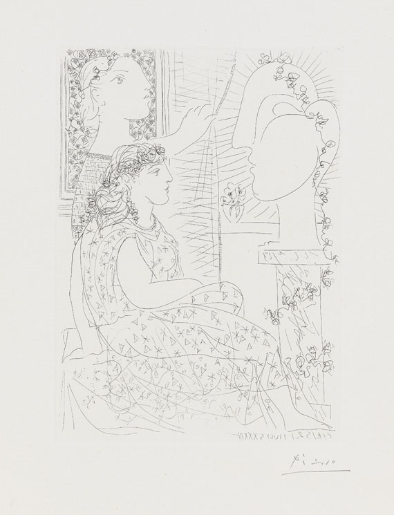 Pablo Picasso - Deux femmes regardant une tête sculptée