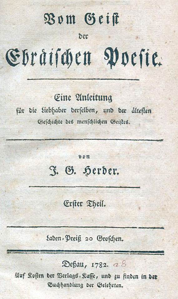 Johann Gottfried von Herder - Geist der Ebräischen Poesie. 2 Bde. 1782-83.