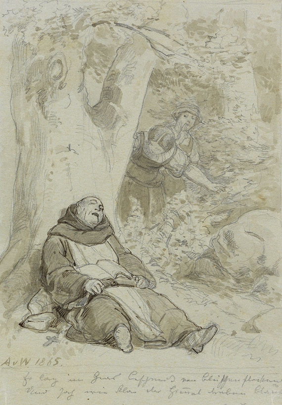 Anton von Werner - 2 Blätter: Das Begräbnis. Schlafender Mönch