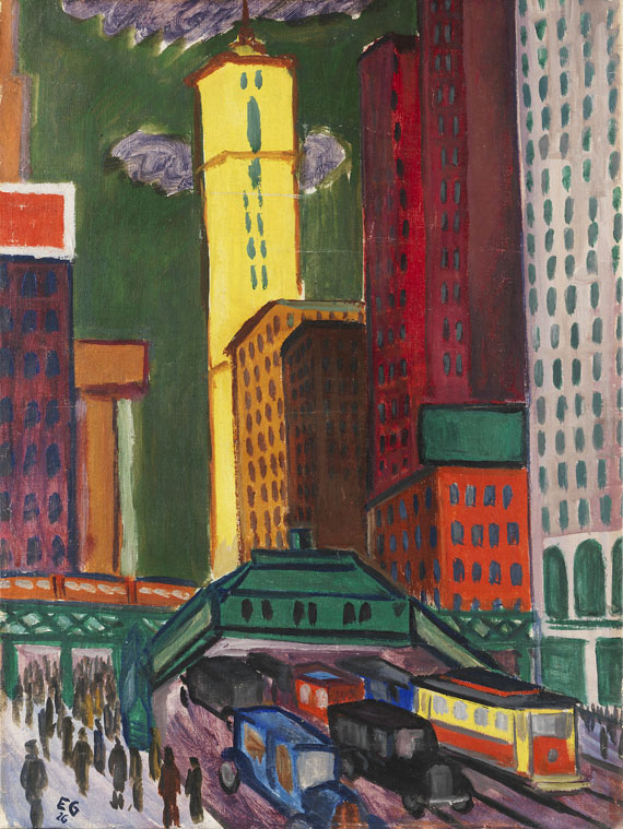 Ernst Geitlinger - New Yorker Straßenszene mit gelbem Hochhaus