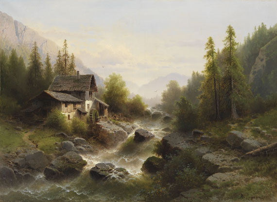Albert Rieger - Landschaft mit Wassermühle im Berner Oberland