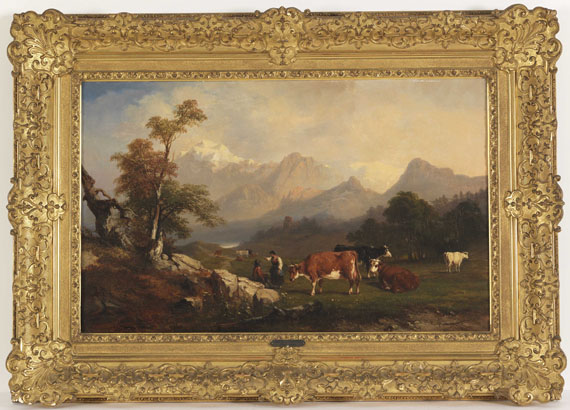 Jules Coignet - Alpenländische Szene mit Viehhirten - Rahmenbild