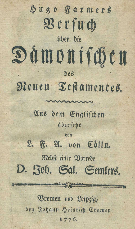 Okkulta - Farmer, Hugo, Versuch über die Dämonischen des neuen Testamentes. 1776