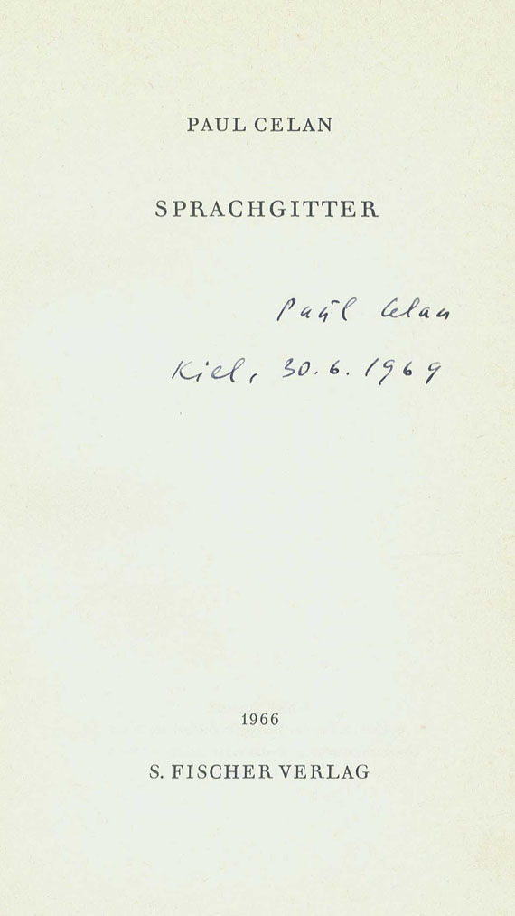 Paul Celan - Sprachgitter (signiert). Dabei: Mohn und Gedächtnis. 2 Bde. 1966