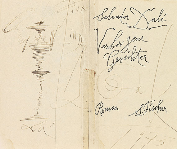 Salvador Dalí - Eigh. Widmung mit kl. Zeichnung. 1975