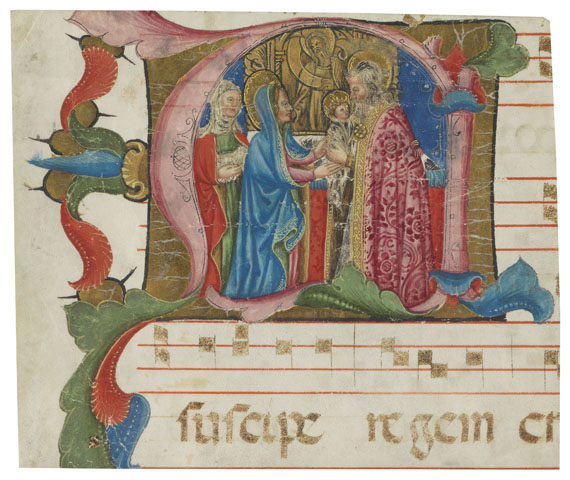 Manuskript - 1 Initiale auf Pergament (ausgeschnitten): Darbringung Jesu, Italien 15. Jh.