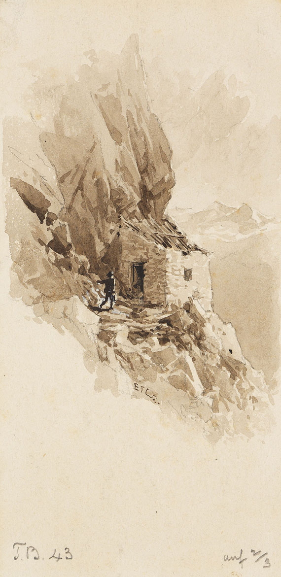 Edward Theodore Compton - 2 Bll.: Tabarettawand mit der Payerhütte. Schutzhütte an der Felswand