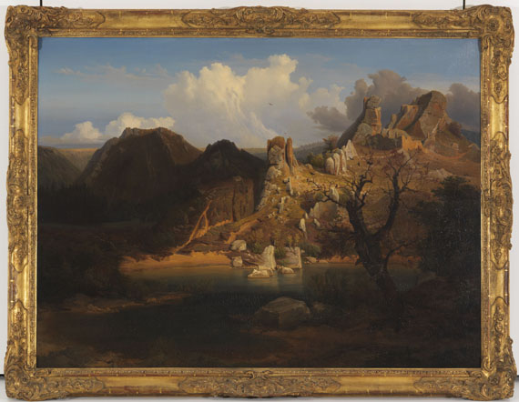 Carl Dahl - Landschaft mit schroffer Felsenpartie und Bergsee - Rahmenbild