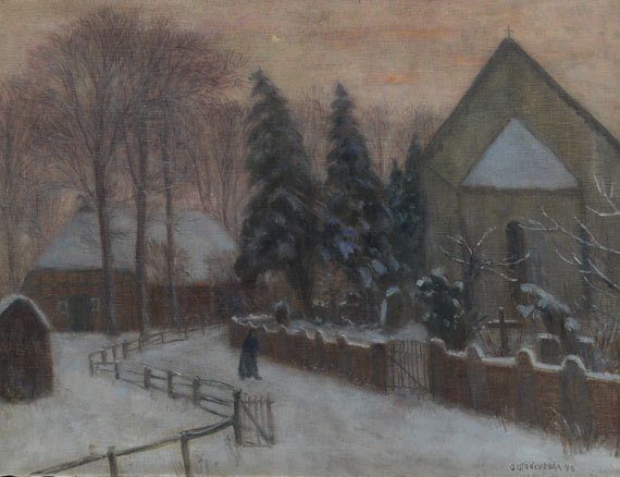 Otto Modersohn - Winterabend, Fischerhuder Kirche mit Heimathaus