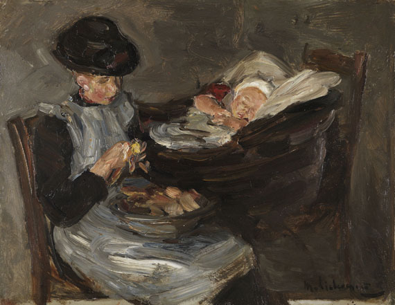 Max Liebermann - Mädchen aus Laren beim Kartoffelschälen neben schlafendem Kind im Korb
