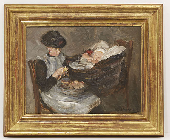 Max Liebermann - Mädchen aus Laren beim Kartoffelschälen neben schlafendem Kind im Korb - Rahmenbild