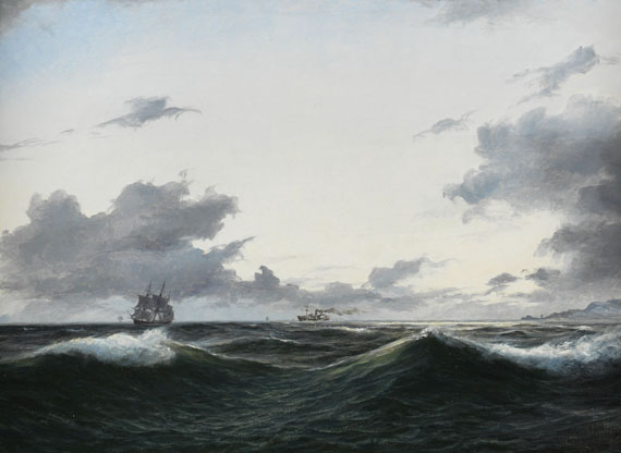 Melbye - Segelschiff und besegelter Dampfer auf See vor einer Küste