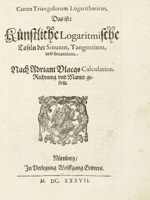 John Napier - Zehentausend Logarithmi. 1637. - Angeb.: Vlacq, Canon triangulorum - Weitere Abbildung