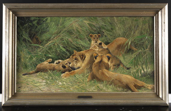Wilhelm Kuhnert - Spielende Löwen - Rahmenbild