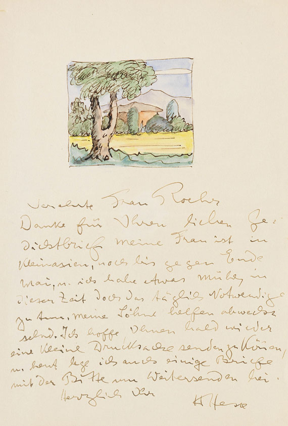 Hermann Hesse - Eigh. Brief mit Orig.-Aquarell