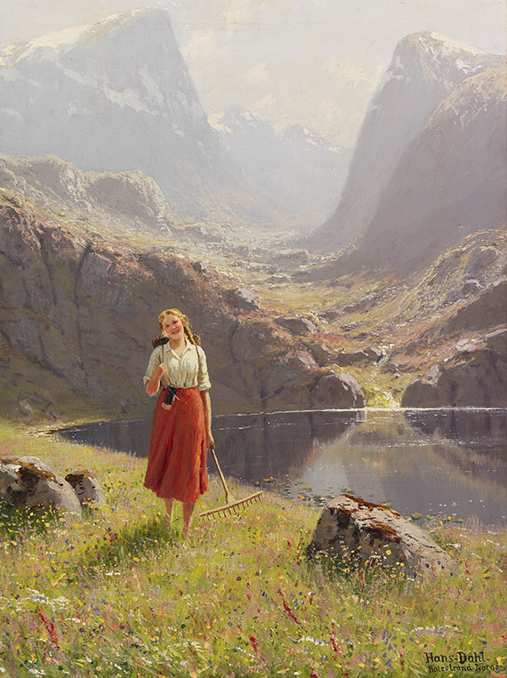 Hans Andreas Dahl - Sommer am norwegischen Fjord - heimkehrendes Mädchen mit Rechen und Kiepe