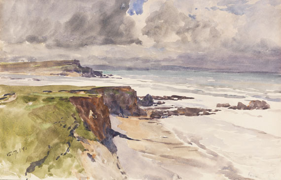 Edward Harrison Compton - 2 Bll.: Bei Bude (Cornwall): Die Küste mit der Mündung des River Neet. Felsiger Strand mit Möwen