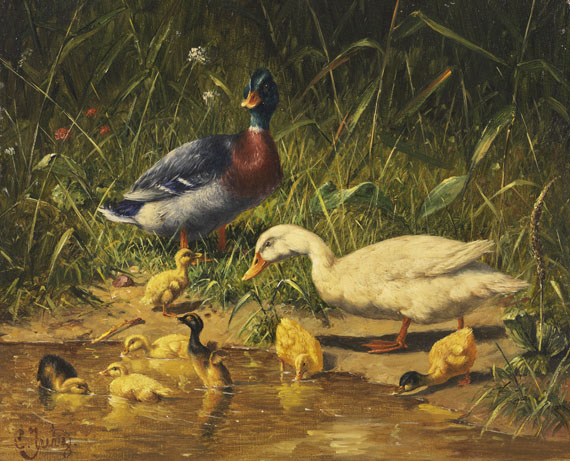Carl Jutz d. Ä. - Enten mit Jungen am Wasser