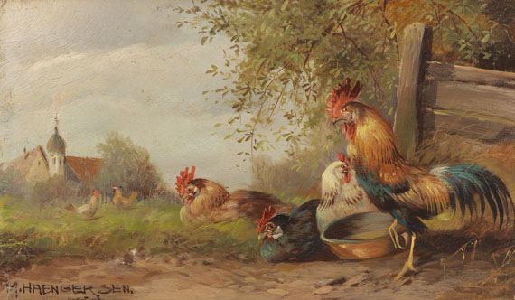 Max (Josef) Hänger - 2 Gemälde: Hühnerhof am Dorfrand. Zwei Entenpaare am Weiher