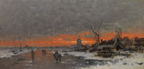Johann Jungblut - Winterlandschaft mit Dorfsilhouette im Abendrot