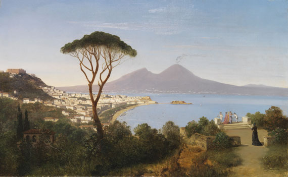 Albert August Zimmermann - Blick vom Posillipo auf die weite Bucht von Neapel mit rauchendem Vesuv