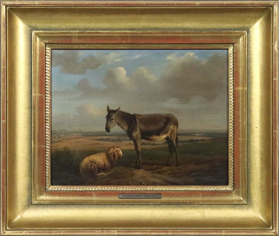 Adolphe Malherbe - Schaf und Esel vor weiter Landschaft - Rahmenbild
