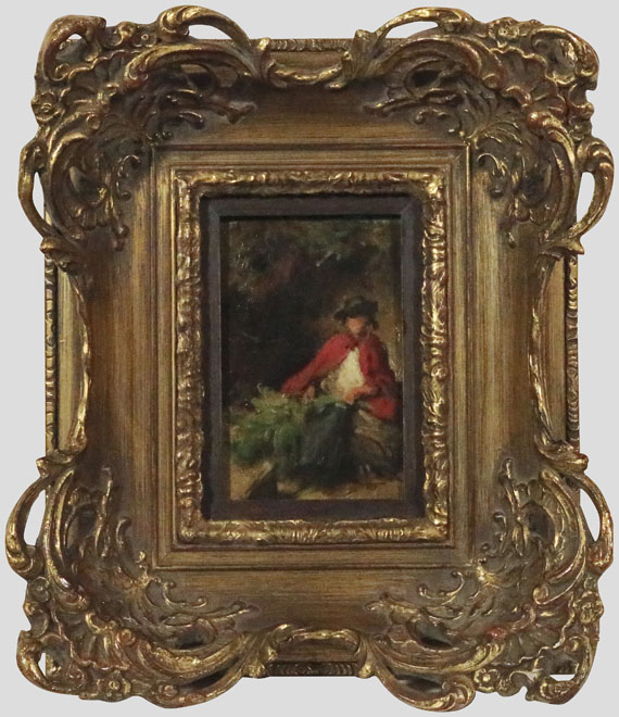 Carl Spitzweg - Sitzendes Mädchen mit rotem Umhang, einen Hasen vor sich - Rahmenbild