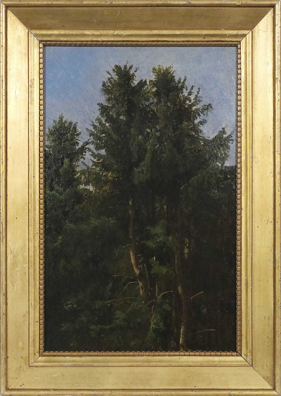 Christian Friedrich Gille - Baumstudie - Hohe Nadelbäume im Waldesdickicht - Rahmenbild