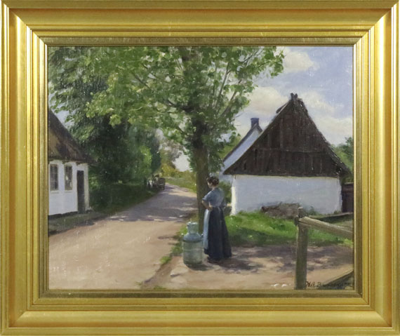 Hans Andersen Brendekilde - Dänische Dorfstraße mit Bäuerin und Milchmann - Rahmenbild