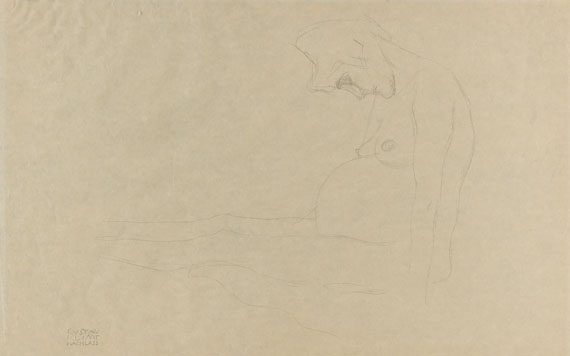 Gustav Klimt - Mit ausgestreckten Beinen nach links sitzende nackte Schwangere, Studie zu "Hoffnung II"