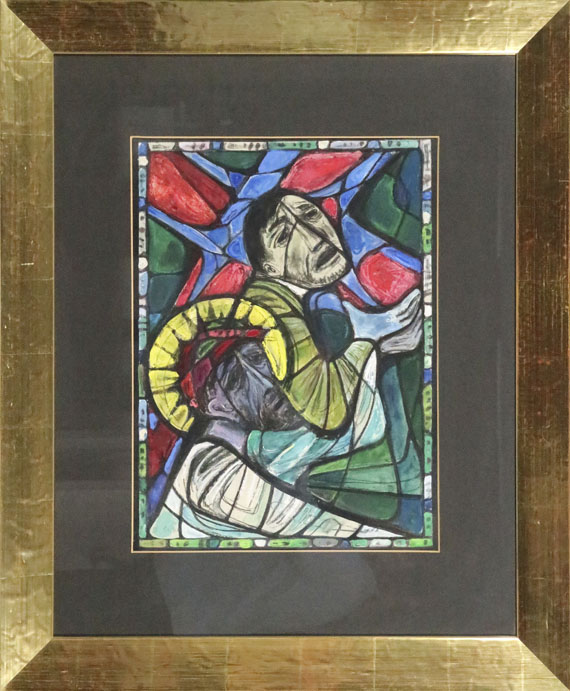Albert Birkle - Simon hilft Jesus das Kreuz zu tragen (Farbentwurf für ein Bleiglasfenster) - Rahmenbild
