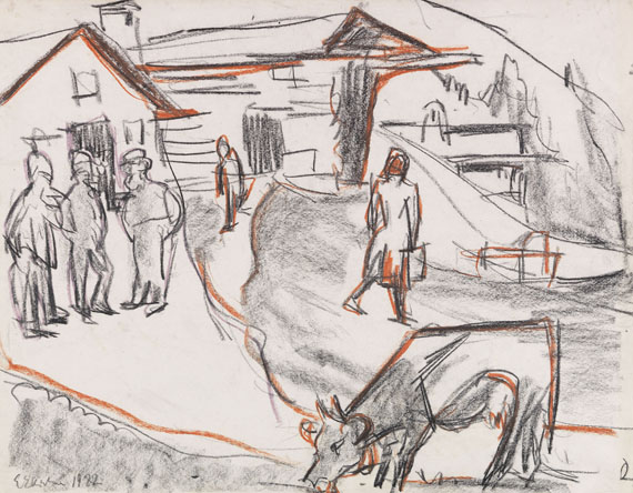 Ernst Ludwig Kirchner - Landschaft mit Personen und grasender Kuh / verso: Bauer