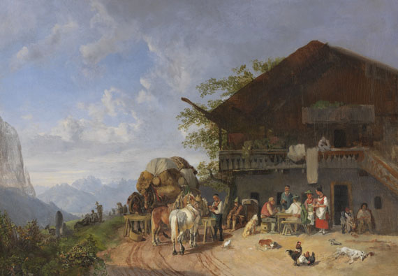 Heinrich Bürkel - Rast vor einem Gasthof in den Bergen