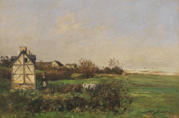 Jean-Baptiste Antoine Guillemet - Landschaft mit Fachwerkhaus und Bäuerin