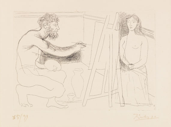Picasso - Peintre devant son chevalet avec un modèle aux longs cheveux (Aus: Balzac. Le Chef-d