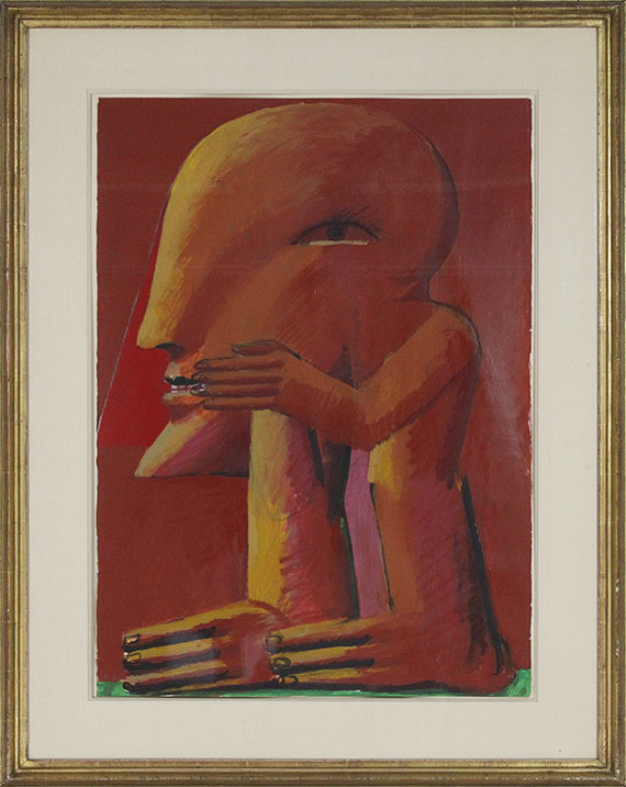 Horst Antes - Rote maskierte Figur vor Ocker - Rahmenbild