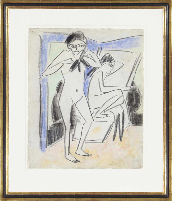 Ernst Ludwig Kirchner - Sitzende mit großem Hut, Emy Frisch / Szene im Atelier (Fränzi (Marzella) und Artistin) - Rahmenbild