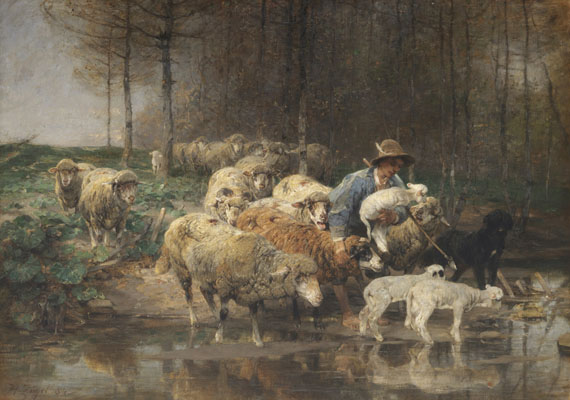 Heinrich von Zügel - Schäfer mit Herde am Wasser