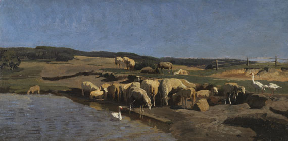 Johann Baptist Hofner - Oberbayerische Landschaft mit Schafen an der Tränke