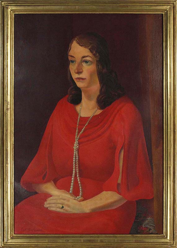 Curt Grosspietsch - Porträt einer Dame mit Perlenkette im roten Abendkleid - Rahmenbild
