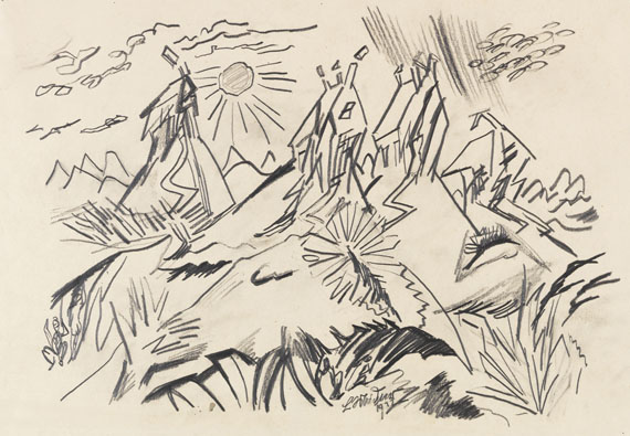 Ludwig Meidner - Apokalyptische Landschaft (Landschaft mit Häusern und spitzen Hügeln)