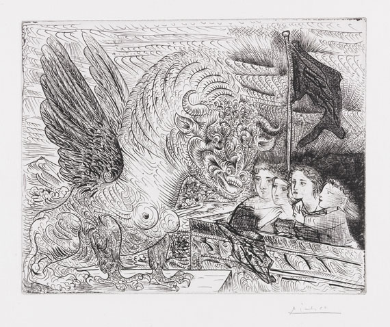 Pablo Picasso - Harpye à tête de taureau, et quatre petites filles sur une tour surmontée d'un drapeau noir