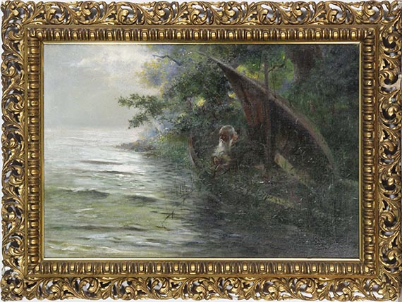 Hans Thoma - Auf der Jagd (Geistlicher im Ruderboot, am Seeufer Enten auflauernd) - Rahmenbild