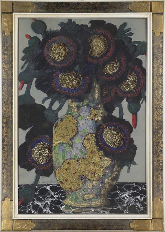 Carl Strathmann - Stilleben mit Sonnenblumen in ornamentaler Vase - Rahmenbild